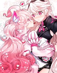 Rule 34 | 2girls, ahoge, armor, bare shoulders, black hairband, black shirt, blush, candy, chocolate, chocolate heart, closed mouth, commentary, dress, elsword, eternity winner (elsword), eye contact, feeding, floral background, flower, fluffy, food, food in mouth, gradient hair, hair between eyes, hair ornament, hairband, heart, highres, huge ahoge, juliet sleeves, laby (elsword), lolita fashion, long hair, long sleeves, looking at another, mouth hold, multicolored hair, multiple girls, nose blush, paraffin, pauldrons, pink hair, profile, puffy long sleeves, puffy sleeves, radiant soul (elsword), red eyes, red hair, shirt, shoulder armor, single pauldron, spoken heart, twintails, very long hair, white dress, white flower, white hair, yuri
