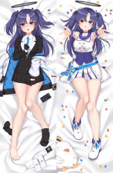 Rule 34 | 1girl, arms up, bed sheet, belt, unworn belt, black socks, blazer, blue archive, blue necktie, cellphone, choker, coat, collarbone, collared shirt, commentary request, dakimakura (medium), detached sleeves, elbow gloves, frilled skirt, frills, full body, gloves, hair between eyes, hair ornament, halo, highres, id card, idol, jacket, knees together feet apart, kurisu-kun, unworn legwear, long hair, long sleeves, looking at viewer, lying, mischievous straight uniform (blue archive), necktie, official alternate costume, on back, open clothes, open coat, parted bangs, parted lips, peroro (blue archive), phone, pleated skirt, purple eyes, purple hair, reaching, reaching towards viewer, school uniform, shirt, short sleeves, sidelocks, simple background, skirt, smartphone, socks, stuffed chicken, two side up, white coat, yuuka (blue archive)