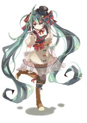 Rule 34 | 1girl, bad id, bad pixiv id, belt, boots, bow, dress, elbow gloves, full body, gloves, green eyes, green hair, hair bow, hat, hatsune miku, highres, knee boots, long hair, matching hair/eyes, mini hat, mini top hat, pantyhose, simple background, solo, standing, standing on one leg, top hat, tsumikisumi, twintails, very long hair, vocaloid, white background