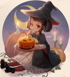 Rule 34 | 1girl, artist name, black cape, black footwear, black hair, black hat, blush, brown eyes, cake, candle, cape, crescent moon, food, halloween, halloween costume, hat, kantai collection, kurahashi (kancolle), long sleeves, medium hair, moon, pantyhose, red pantyhose, shoes, signature, solo, twintails, witch hat, wss (nicoseiga19993411)