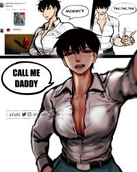 Rule 34 | 1girl, abs, assertive female, ayaki blade, belt, black eyes, black hair, breasts, cleavage, english text, highres, instagram, kabedon, large breasts, looking at viewer, muscular, muscular female, office, office lady, original, shirt, signature, toned, white shirt