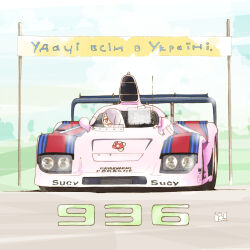 Rule 34 | car, character name, driving, le mans prototype, little witch academia, long hair, martini (brand), motor vehicle, one eye covered, open mouth, outdoors, parody, porsche, porsche 936, purple hair, race vehicle, racecar, radio antenna, red eyes, shiro0909, sky, smile, spoiler (automobile), sucy manbavaran, ukrainian text, vehicle focus, vehicle name, world sportscar championship