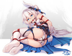 Rule 34 | 1girl, arms behind back, artist name, ball gag, bare shoulders, bdsm, blue eyes, blue skirt, blush, bondage, bound, breasts, chinese commentary, commentary request, feet, foot focus, foreshortening, gag, gagged, gloves, hair between eyes, hair ornament, honkai (series), honkai impact 3rd, long hair, looking at viewer, lying, no shoes, on side, one side up, panties, red rope, restrained, rope, skirt, small breasts, solo, theresa apocalypse, thighhighs, underwear, white gloves, white hair, white panties, white thighhighs, wiffle gag, yiduan zhu