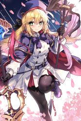 Rule 34 | 1girl, absurdres, artoria caster (fate), artoria caster (second ascension) (fate), artoria pendragon (fate), belt, black gloves, black pantyhose, blonde hair, blue belt, blue capelet, blue hat, buttons, capelet, commentary, double-breasted, dress, dual wielding, ebora, english commentary, falling petals, fate/grand order, fate (series), gloves, green eyes, hair between eyes, hat, highres, holding, holding staff, hood, hooded capelet, layered dress, long hair, long sleeves, looking at viewer, marmyadose (fate), o-ring, o-ring belt, pantyhose, petals, polearm, simple background, smile, solo, staff, standing, standing on one leg, striped belt, twintails, weapon, white dress