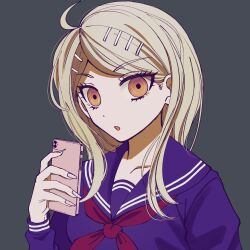 Rule 34 | 1girl, :o, ahoge, akamatsu kaede, blonde hair, commentary request, danganronpa (series), danganronpa v3: killing harmony, grey background, hair ornament, hairclip, hand up, highres, holding, holding phone, long hair, long sleeves, looking at viewer, neckerchief, official alternate costume, orange eyes, phone, purple sailor collar, purple shirt, red neckerchief, sailor collar, satori (aosky9077), shirt, simple background, solo