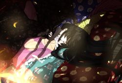 Rule 34 | 1girl, black hair, blanket, closed mouth, fingernails, floral print, frilled sleeves, frills, from above, hands up, highres, houraisan kaguya, light smile, long hair, long sleeves, looking at viewer, lying, mochaaoi, on side, pink eyes, pink shirt, shirt, solo, sunlight, touhou, upper body, very long hair, wide sleeves