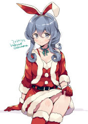 Rule 34 | 1girl, alternate costume, animal ears, blue eyes, blue hair, boots, rabbit ears, commentary request, cowboy shot, dated, dress, fur-trimmed boots, fur-trimmed dress, fur-trimmed jacket, fur trim, gloves, gotland (kancolle), jacket, kantai collection, long hair, looking at viewer, mole, mole under eye, odawara hakone, one-hour drawing challenge, red dress, red footwear, red gloves, red jacket, sitting, solo, twitter username