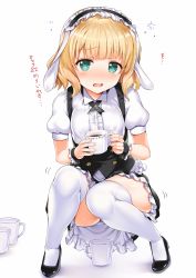 Rule 34 | 1girl, aldehyde, animal ears, blonde hair, blouse, blush, coffee cup, commentary, cup, disposable cup, fake animal ears, fleur de lapin uniform, frilled shirt, frills, full body, gochuumon wa usagi desu ka?, green eyes, hairband, kirima syaro, lolita hairband, looking at viewer, md5 mismatch, open mouth, puffy short sleeves, puffy sleeves, rabbit ears, shirt, short sleeves, simple background, skirt, skirt set, solo, squatting, thighhighs, thighs, translation request, vest, waitress, white background, white shirt, white thighhighs