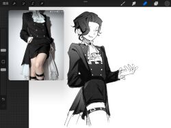 Rule 34 | 1boy, arm behind back, art program in frame, ascot, ashao35846, belt, brooch, chinese commentary, closed eyes, commentary request, frilled sleeves, frills, greyscale, hand up, highres, jewelry, kodona, lolita fashion, male focus, monochrome, procreate (medium), procreate (software), reference inset, saibou shinkyoku, shirt, short hair, shorts, smile, solo, thigh belt, thigh strap, utsugi rangiri