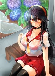 Rule 34 | 10s, 1girl, alternate costume, bad id, bad nicoseiga id, bench, black hair, black thighhighs, breasts, choker, cleavage, collarbone, flower, hair ornament, hairband, hairclip, haruna (kancolle), highres, hydrangea, kantai collection, large breasts, long hair, looking at viewer, orange eyes, park bench, parted lips, pleated skirt, rain, school uniform, see-through, serafuku, sitting, skirt, solo, thighhighs, tsukui kachou, wet, wet clothes, zettai ryouiki