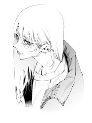 Rule 34 | 1girl, commentary request, cropped torso, ear piercing, greyscale, half-closed eyes, highres, jacket, light smile, lips, long hair, looking at viewer, monochrome, open clothes, open jacket, original, piercing, sideways glance, simple background, solo, sweater, upper body, vice (kuronekohadokoheiku)