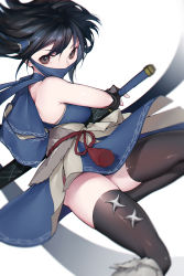 Rule 34 | 1girl, black gloves, black hair, blunt bangs, blush, breasts, gloves, hair ornament, highres, japanese clothes, kamura (armor), katana, long hair, looking at viewer, mask, monster hunter (series), monster hunter rise, solo, sword, thighhighs, weapon, wo chi xiangjiao pi