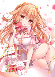 Rule 34 | 1girl, animal ears, birdcage, blush, breasts, cage, cleavage, commentary, detached collar, flower, frilled sleeves, frills, hair between eyes, hair ornament, hair ribbon, heart, highres, long hair, looking at viewer, lying, medium breasts, navel, off-shoulder shirt, off shoulder, on side, open mouth, orange eyes, orange hair, original, panties, petals, pink panties, pink shirt, ribbon, rose, rose petals, shirosei mochi, shirt, solo, stomach, stuffed animal, stuffed rabbit, stuffed toy, symbol-only commentary, thighhighs, underwear, valentine, white background, white shirt, white thighhighs, x hair ornament