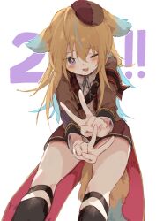 Rule 34 | 1girl, animal collar, animal ears, anniversary, blonde hair, blue hair, blue ribbon, blush, brown jacket, collar, collared shirt, commentary request, cowboy shot, dog ears, dog girl, dog tail, double v, fang, hair between eyes, highres, jacket, long hair, long sleeves, multicolored hair, one eye closed, open mouth, purple eyes, red collar, red shorts, ribbon, shinsougumi, shirt, shitagai nora, shorts, sidelocks, simple background, skin fang, solo, star-shaped pupils, star (symbol), streaked hair, symbol-shaped pupils, tail, two-tone hair, unitedunti, v, virtual youtuber, white background, white shirt