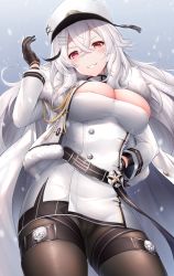 Rule 34 | 1girl, areola slip, azur lane, belt, black gloves, black pantyhose, blush, breasts, cameltoe, cape, cleavage, commentary request, crossed bangs, fur-trimmed cape, fur trim, gangut (azur lane), gloves, hair between eyes, hair ornament, hairclip, hand on own hip, hat, head tilt, highres, jacket, large breasts, long hair, long sleeves, looking at viewer, military hat, mole, mole under eye, oyuwari, pantyhose, parted lips, partially fingerless gloves, peaked cap, red eyes, silver hair, smile, snowing, solo, standing, thigh strap, very long hair, white jacket