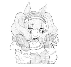 Rule 34 | 1girl, angelina (arknights), animal ears, arknights, blush, cropped torso, fox ears, fox girl, gloves, greyscale, haioku colonel, hairband, jacket, long sleeves, looking at viewer, monochrome, open clothes, open jacket, shirt, simple background, smile, solo, split mouth, striped clothes, striped hairband, twintails, upper body, white background