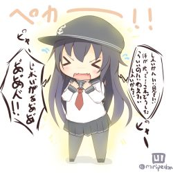 Rule 34 | &gt; &lt;, 10s, 1girl, akatsuki (kancolle), anchor symbol, black hair, black pantyhose, black skirt, chibi, commentary request, closed eyes, fang, flat cap, glowing, hat, kantai collection, long hair, long sleeves, pantyhose, pleated skirt, roripedon, skirt, solo, translation request, twitter username, wavy mouth