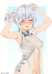 Rule 34 | 10s, 1girl, 2016, alternate hair length, alternate hairstyle, armpits, bad id, bad pixiv id, bare shoulders, blush, bottomless, breasts, bunching hair, commentary request, covered erect nipples, dated, closed eyes, kantai collection, kashima (kancolle), large breasts, mokyutan, navel, no bra, nose blush, open clothes, open mouth, out-of-frame censoring, see-through, shirt, short hair, short twintails, sidelocks, silver hair, sleeveless, sleeveless shirt, smile, solo, twintails, unbuttoned, wavy hair
