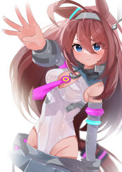 Rule 34 | 1girl, absurdres, ahoge, animal ears, blue eyes, blurry, blurry background, breasts, cleavage, cleavage cutout, clothing cutout, commentary request, detached collar, detached sleeves, ear ornament, grey skirt, hair between eyes, highleg, highleg leotard, highres, horse ears, horse girl, horse tail, large breasts, leotard, long hair, mihono bourbon (umamusume), necktie, pink necktie, pleated skirt, silver hairband, simple background, skirt, sleeveless, solo, tail, umamusume, v-shaped eyebrows, very long hair, white background, yokawa nagi