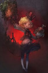 Rule 34 | 1girl, ascot, black footwear, black skirt, black vest, blonde hair, bloomers, boned meat, bowl, clothes lift, food, full body, hair ribbon, highres, holding, holding food, licking lips, long sleeves, looking at viewer, meat, midriff, navel, pantyhose, red ascot, red background, red eyes, red ribbon, ribbon, rumia, shirt, shirt lift, shoes, short hair, skirt, skirt set, solo, tongue, tongue out, touhou, underwear, vest, white pantyhose, white shirt, yst