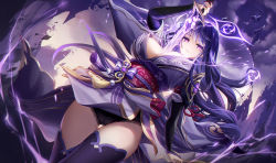 Rule 34 | 1girl, absurdres, bare shoulders, braid, breasts, cleavage, detached collar, genshin impact, hair ornament, highres, japanese clothes, kimono, lalazyt, large breasts, long hair, long sleeves, looking at viewer, low-braided long hair, low-tied long hair, obi, off shoulder, purple eyes, purple hair, purple kimono, purple thighhighs, raiden shogun, sash, solo, thighhighs, thighs, wide sleeves