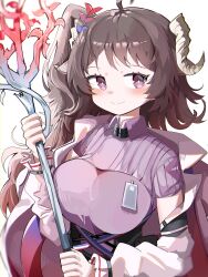 Rule 34 | 1girl, absurdres, ahoge, animal ears, arknights, blush, breasts, brown eyes, brown hair, closed mouth, eyjafjalla (arknights), eyjafjalla the hvit aska (arknights), highres, holding, holding staff, horns, jacket, long hair, long sleeves, looking at viewer, medium breasts, open clothes, open jacket, puffy long sleeves, puffy sleeves, sheep ears, sheep girl, sheep horns, short sleeves, side ponytail, simple background, smile, solo, spam (spamham4506), staff, very long hair, white background, white jacket