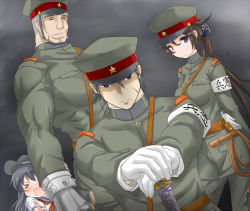 Rule 34 | &gt; o, 10s, 2boys, 2girls, ^ ^, akatsuki (kancolle), arm behind back, armband, black hair, blush, breasts, brown hair, chain, closed eyes, closed eyes, scar on face, gloves, grey hair, grin, hat, imperial japanese army, jack (slaintheva), kantai collection, katana, long hair, looking at viewer, multiple boys, multiple girls, muscular, neckerchief, one eye closed, peaked cap, pointing, pointing at viewer, ponytail, purple eyes, scar, scar on cheek, scar on face, school uniform, serafuku, smile, star (symbol), sword, weapon, whip, white gloves