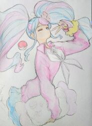 Rule 34 | 1girl, creatures (company), fairy miku (project voltage), game freak, hatsune miku, highres, nintendo, null hamamo, one eye closed, pillow, pokemon, project voltage, traditional media, twintails, v, vocaloid