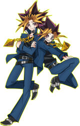 Rule 34 | 2boys, belt, black footwear, black shirt, blue pants, bright pupils, closed mouth, collarbone, crossed arms, full body, gokunobaka, grin, jewelry, long legs, millennium puzzle, multiple belts, multiple boys, muto yugi, necklace, outline, pants, red eyes, shirt, short hair, smile, spiked hair, white pupils, yami yugi, yellow outline, yu-gi-oh!, yu-gi-oh! duel monsters