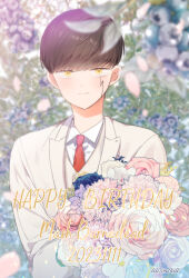 Rule 34 | 1boy, artist name, black hair, blurry, blurry background, bouquet, bowl cut, character name, dated, english text, floral background, flower, happy birthday, highres, holding, holding bouquet, lilixonekill, looking at viewer, mash burnedead, mashle, necktie, red necktie, solo, upper body, vest, yellow eyes
