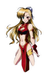 Rule 34 | 1girl, bare shoulders, blonde hair, blush, breasts, china dress, chinese clothes, cleavage, cleavage cutout, closed mouth, clothing cutout, cosplay, dress, fingerless gloves, galaxy angel, gloves, heterochromia, highres, long hair, looking at viewer, lyrical nanoha, mahou shoujo lyrical nanoha strikers, mahou shoujo lyrical nanoha vivid, medium breasts, navel, ranpha franboise (cosplay), red gloves, simple background, smile, solo, standing, tappa (esperanza), vivio, white background