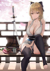 Rule 34 | $hu, 1girl, absurdres, ahoge, arm guards, backlighting, bare shoulders, black bow, black thighhighs, blonde hair, bow, breasts, cleavage, crotch seam, detached sleeves, fate/grand order, fate (series), feet, hair bow, half updo, highres, japanese clothes, katana, kimono, koha-ace, large breasts, looking at viewer, obi, okita souji (fate), okita souji (koha-ace), sash, short hair, short kimono, sitting, sleeveless, sleeveless kimono, solo, sword, thighhighs, thighhighs pull, thighs, toeless legwear, toes, weapon, white kimono, yellow eyes