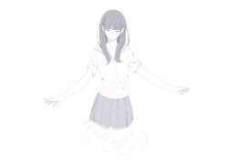 Rule 34 | 1girl, blunt bangs, closed mouth, colored skin, cowboy shot, cropped legs, grey eyes, grey hair, grey skirt, half-closed eyes, highres, long hair, looking at viewer, monochrome, natuich, open hands, original, outstretched arms, pleated skirt, ripples, sailor collar, school uniform, serafuku, simple background, skirt, solo, white background, white sailor collar, white serafuku, white skin