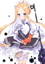 Rule 34 | 1girl, :o, abigail williams (fate), abigail williams (festival outfit) (fate), black dress, blonde hair, bloomers, blue eyes, braid, breasts, butterfly hair ornament, commentary request, dress, fate/grand order, fate (series), forehead, hair ornament, hand up, heroic spirit festival outfit, highres, holding, honoka chiffon, keyhole, long hair, long sleeves, looking at viewer, official alternate costume, parted bangs, parted lips, shirt, sidelocks, simple background, sleeveless, sleeveless dress, sleeves past fingers, sleeves past wrists, small breasts, solo, stuffed animal, stuffed toy, teddy bear, tentacles, underwear, very long hair, white background, white bloomers, white shirt