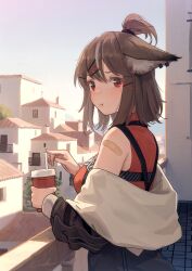 Rule 34 | 1girl, :t, absurdres, animal ear fluff, animal ear piercing, animal ears, arknights, balcony, bandaid, bandaid on shoulder, bare shoulders, breasts, brown hair, closed mouth, commentary request, cup, cutter (arknights), disposable cup, drinking straw, fox ears, fox girl, from side, highres, holding, holding cup, long sleeves, medium breasts, medium hair, off shoulder, puffy long sleeves, puffy sleeves, red eyes, red shirt, shirt, sleeveless, sleeveless shirt, solo, welt (kinsei koutenkyoku)
