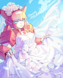 Rule 34 | 1girl, artist name, azuredawn40, blue eyes, breasts, bridal veil, clothed robot, clothes lift, cloud, dated, dress, dress lift, elita one, flower, highres, looking at viewer, mecha, robot, sky, small breasts, smile, solo, strapless, strapless dress, transformers, veil, wedding dress, white flower