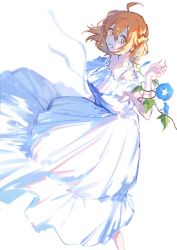 Rule 34 | 1girl, :o, ahoge, blue flower, dress, fate/grand order, fate (series), feet out of frame, flower, from side, fujimaru ritsuka (female), hair between eyes, highres, looking at viewer, looking to the side, morning glory, off-shoulder dress, off shoulder, one side up, orange hair, plant, scrunchie, short hair, simple background, solo, spaghetti strap, uni (nico02), vines, white background, white dress, yellow eyes