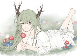 Rule 34 | 1other, androgynous, antlers, blue flower, branch, enkidu (fate), fate/grand order, fate (series), feet up, field, flower, flower field, full body, green eyes, green hair, highres, horns, long hair, looking at viewer, lying, nemophila (flower), on stomach, red flower, robe, simple background, smile, so hana ranyaro, solo, very long hair, white flower