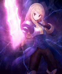 Rule 34 | 1girl, agrias oaks, armor, blonde hair, braid, braided ponytail, brown eyes, dark background, electricity, final fantasy, final fantasy tactics, gloves, glowing, glowing sword, glowing weapon, greatsword, holding, holding sword, holding weapon, long hair, looking at viewer, low-tied long hair, serious, shoulder armor, solo, square enix, standing, suta (clusta), sword, weapon