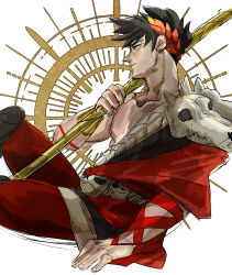 Rule 34 | 1boy, ancient greek clothes, belt, black hair, from side, greco-roman clothes, green eyes, hades (series), hades 1, ing0123, laurel crown, male focus, polearm, single bare shoulder, sitting, skull, spear, weapon, zagreus (hades)