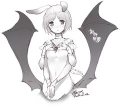 Rule 34 | 1girl, animal ears, blush, breasts, character request, chinese text, ejami, extra arms, greyscale, looking at viewer, monochrome, short hair, simple background, solo, translation request, white background, wings