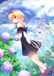 Rule 34 | 1girl, absurdres, alternate costume, alternate hairstyle, bare shoulders, black dress, black footwear, blonde hair, bow, cloud, cloudy sky, commentary request, crystal, day, dress, dutch angle, flandre scarlet, flower, hairband, highres, hydrangea, hyurasan, light rays, lolita hairband, looking at viewer, looking back, no headwear, no headwear, off-shoulder dress, off shoulder, outdoors, parted lips, red bow, red eyes, footwear bow, shoes, short hair, short sleeves, sky, solo, sunbeam, sunlight, touhou, transparent umbrella, umbrella, white bow, wings