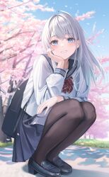 Rule 34 | 1girl, absurdres, arm support, bag, black bag, black collar, black footwear, black pantyhose, blue eyes, blue hair, blue skirt, bow, bowtie, cherry blossoms, collar, commentary, day, falling petals, fujizarashi, full body, gradient hair, hand on own thigh, highres, light blue hair, loafers, long hair, long sleeves, looking away, mole, mole under eye, multicolored hair, open mouth, original, outdoors, pantyhose, petals, pleated skirt, sailor collar, school bag, school uniform, shirt, shoes, skirt, sky, sleeve cuffs, smile, solo, squatting, symbol-only commentary, thighs, white hair, white shirt
