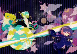 Rule 34 | 2boys, belt, binoculars, black belt, black pants, black shirt, blue hair, blue jacket, closed eyes, cloud, commentary, crescent moon, cross-shaped pupils, daichi ayumu, earth (planet), english commentary, flower, green hair, hair between eyes, holding, holding binoculars, hood, hood down, hooded jacket, jacket, layered sleeves, long sleeves, male focus, moon, multicolored hair, multiple boys, no nose, open clothes, open shirt, original, pants, personification, pink hair, pink pupils, planet, purple eyes, purple hair, ribbon, shirt, short hair, short over long sleeves, short sleeves, sitting, sparkle, sprout on head, star (symbol), striped clothes, striped shirt, symbol-shaped pupils, usagi nui, vertical stripes, white shirt