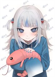 Rule 34 | 1girl, blue eyes, blue hair, blue nails, blunt bangs, blush, closed mouth, commentary request, fingernails, fish bone, gawr gura, hair ornament, highres, holding, holding stuffed toy, hololive, hololive english, hood, hood down, long hair, long sleeves, looking at viewer, multicolored hair, nail polish, ompf, sharp teeth, shrimp, smile, solo, streaked hair, stuffed animal, stuffed shrimp, stuffed toy, teeth, two side up, upper body, virtual youtuber