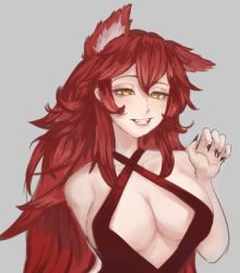 Rule 34 | 1girl, animal ears, black nails, breasts, cleavage, collarbone, criss-cross halter, dress, fingernails, halterneck, kemonomimi mode, large breasts, looking at viewer, lowres, nail polish, parted lips, red dress, sass-e, sharp fingernails, smile, solo, virtual youtuber, vshojo, wolf ears, wolf girl, yellow eyes, zentreya