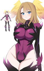 Rule 34 | 1girl, :o, absurdres, blue eyes, breasts, brown hair, eunie (ouroboros) (xenoblade), eunie (xenoblade), head wings, highleg, highleg leotard, highres, large breasts, leotard, long hair, looking at viewer, medium hair, namu (112namu), ouroboros (xenoblade), parted lips, solo, swept bangs, thighhighs, thighs, white wings, wide hips, wings, xenoblade chronicles (series), xenoblade chronicles 3
