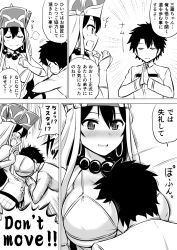Rule 34 | 1boy, 1girl, beads, between breasts, bikini, bikini top only, black hair, blush, breasts, check translation, cleavage, comic, commentary request, earrings, english text, closed eyes, fang, fate/grand order, fate (series), fujimaru ritsuka (male), greyscale, hat, head between breasts, highres, jewelry, kanno takanori, large breasts, long hair, long sleeves, monochrome, necklace, open mouth, own hands together, partially translated, prayer beads, short hair, smile, smug, swimsuit, translation request, white bikini, xuangzang sanzang (fate)