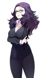 Rule 34 | 1girl, blazer, blue eyes, breast hold, breasts, cleavage, crossed arms, formal, glasses, hair ornament, hairclip, index finger raised, jacket, large breasts, lips, long hair, long sleeves, looking at viewer, mature female, missing stars, ms. wieck, nail polish, naso4, office lady, pant suit, pants, purple hair, simple background, smile, solo, standing, suit, teacher, wavy hair, white background, wing collar