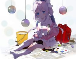 Rule 34 | 10s, 1girl, asymmetrical legwear, backpack, bad id, bad pixiv id, bag, beads, blue eyes, blush, bucket, buttons, capelet, child, collar, cross-laced clothes, dragon girl, dragon horns, dress, expressionless, frilled dress, frilled sleeves, frills, full body, fur collar, hair beads, hair ornament, horns, itohime, kanna kamui, charm (object), kobayashi-san chi no maidragon, light, light purple hair, lolita fashion, long hair, long sleeves, looking at viewer, low twintails, newspaper, no nose, no shoes, open mouth, paint, paint tube, palette (object), randoseru, shadow, sidelocks, sitting, solo, tail, thighhighs, triangle mouth, twintails, uneven legwear, white thighhighs
